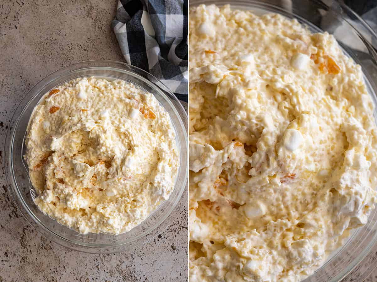 Two pictures- one a close up of the salad and the other an overhead view of it in a bowl. 