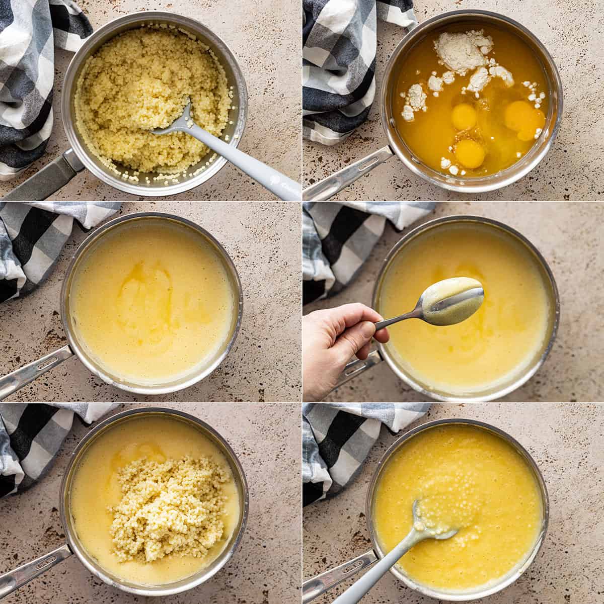 Six pictures showing how to make this acini di pepe salad.