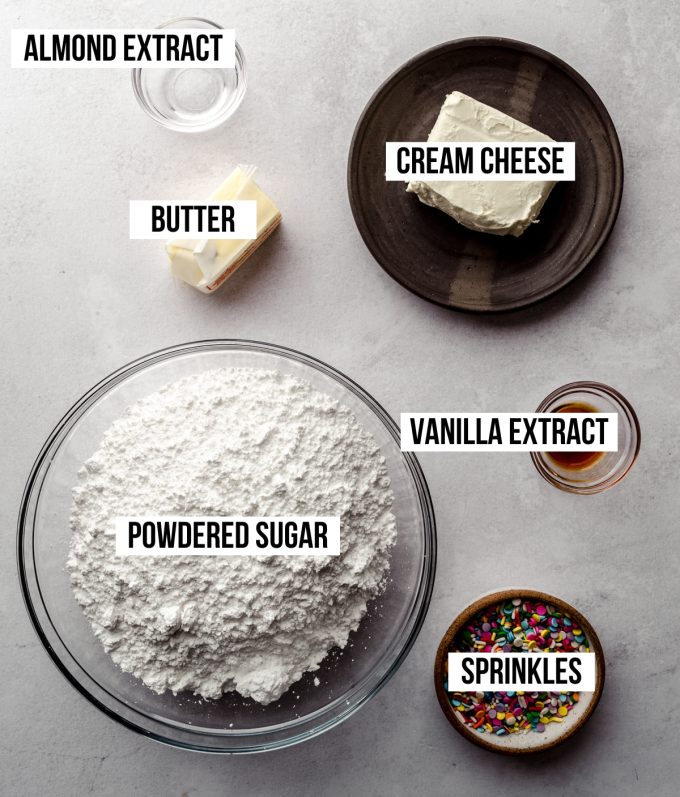Aerial photo of ingredients to make funfetti buttercream Easter candies with text overlay.
