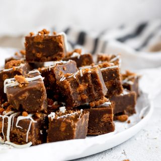 close up fudge stacked on plate