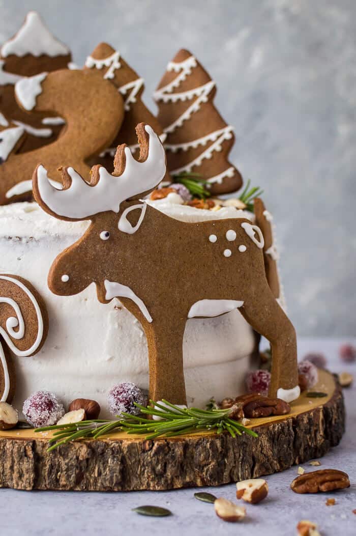 close up of vegan gingerbread moose cookie
