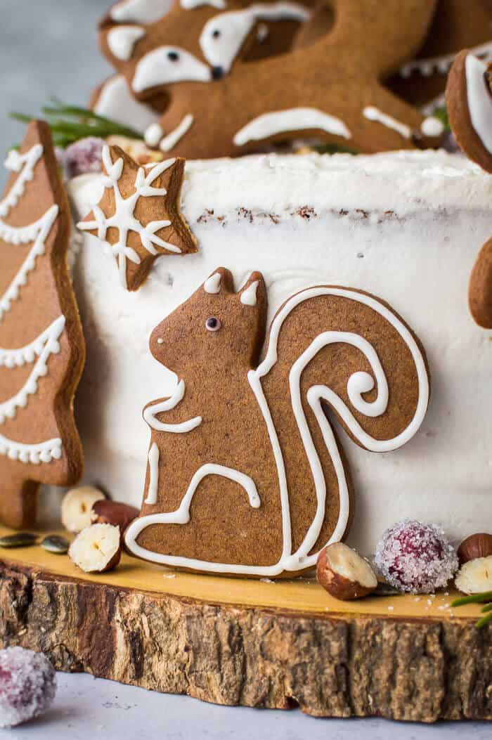 close up of vegan gingerbread squirrel cookie