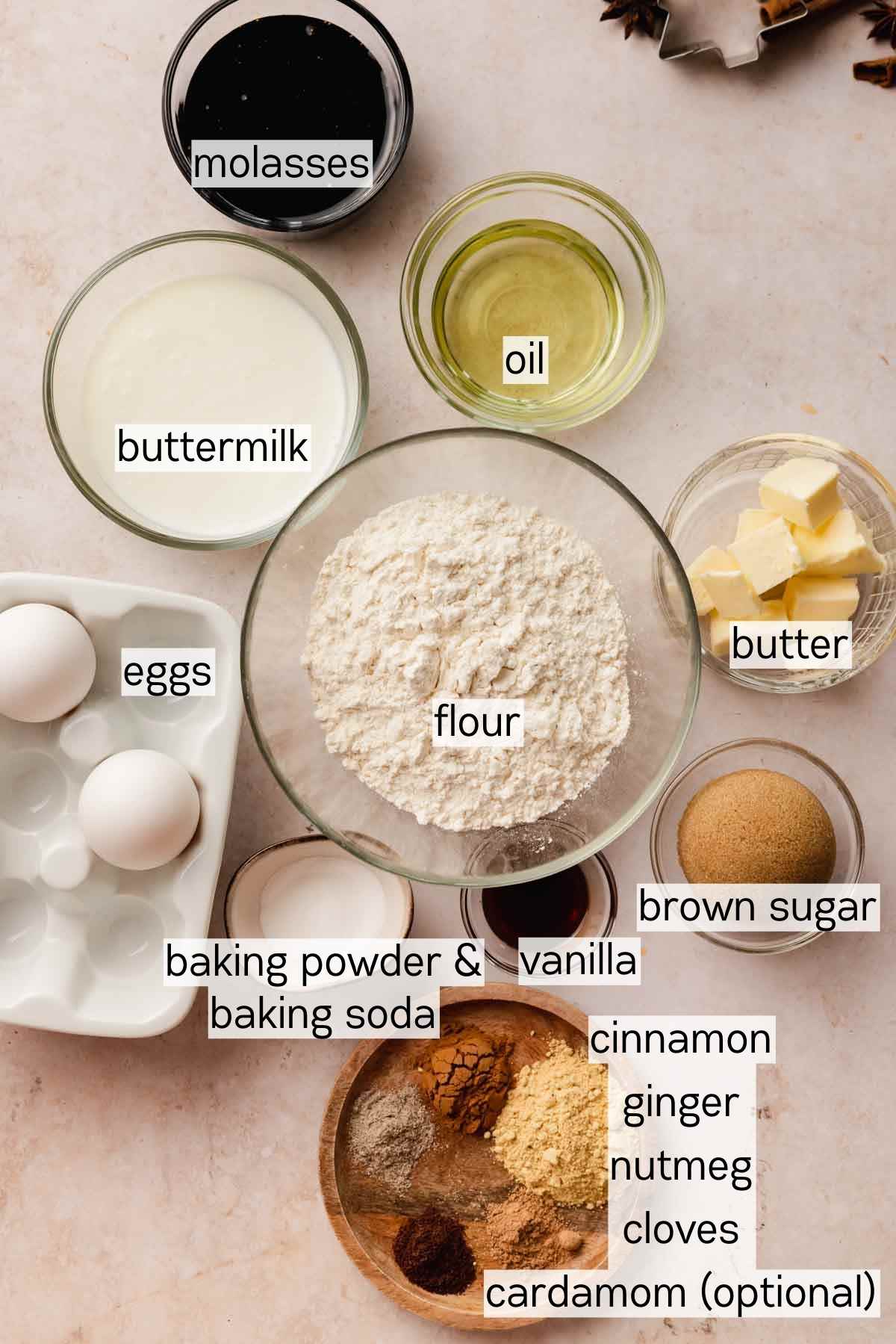 gingerbread cupcake batter ingredients in bowls