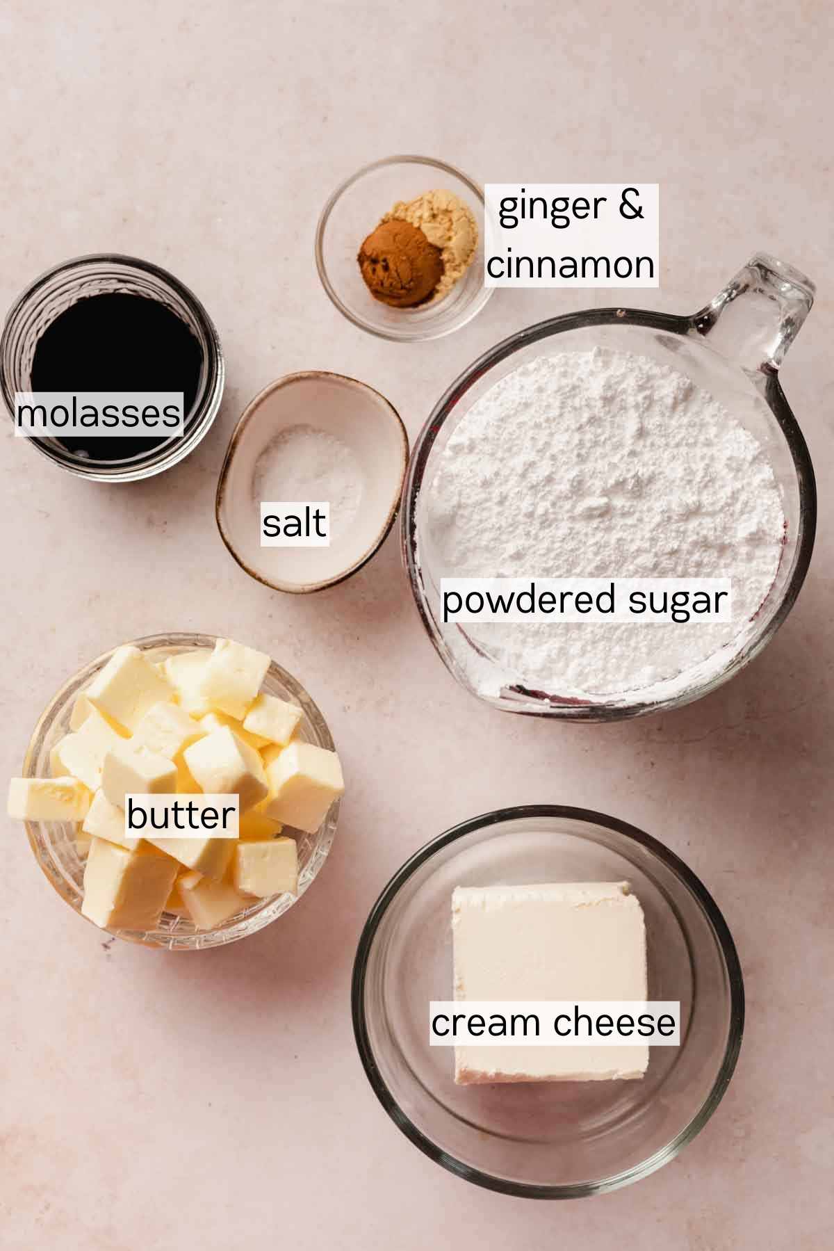 gingerbread cream cheese frosting ingredients in bowls