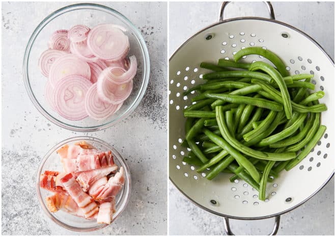 chopped bacon and shallots in bowls, trimmed green beans in bowl