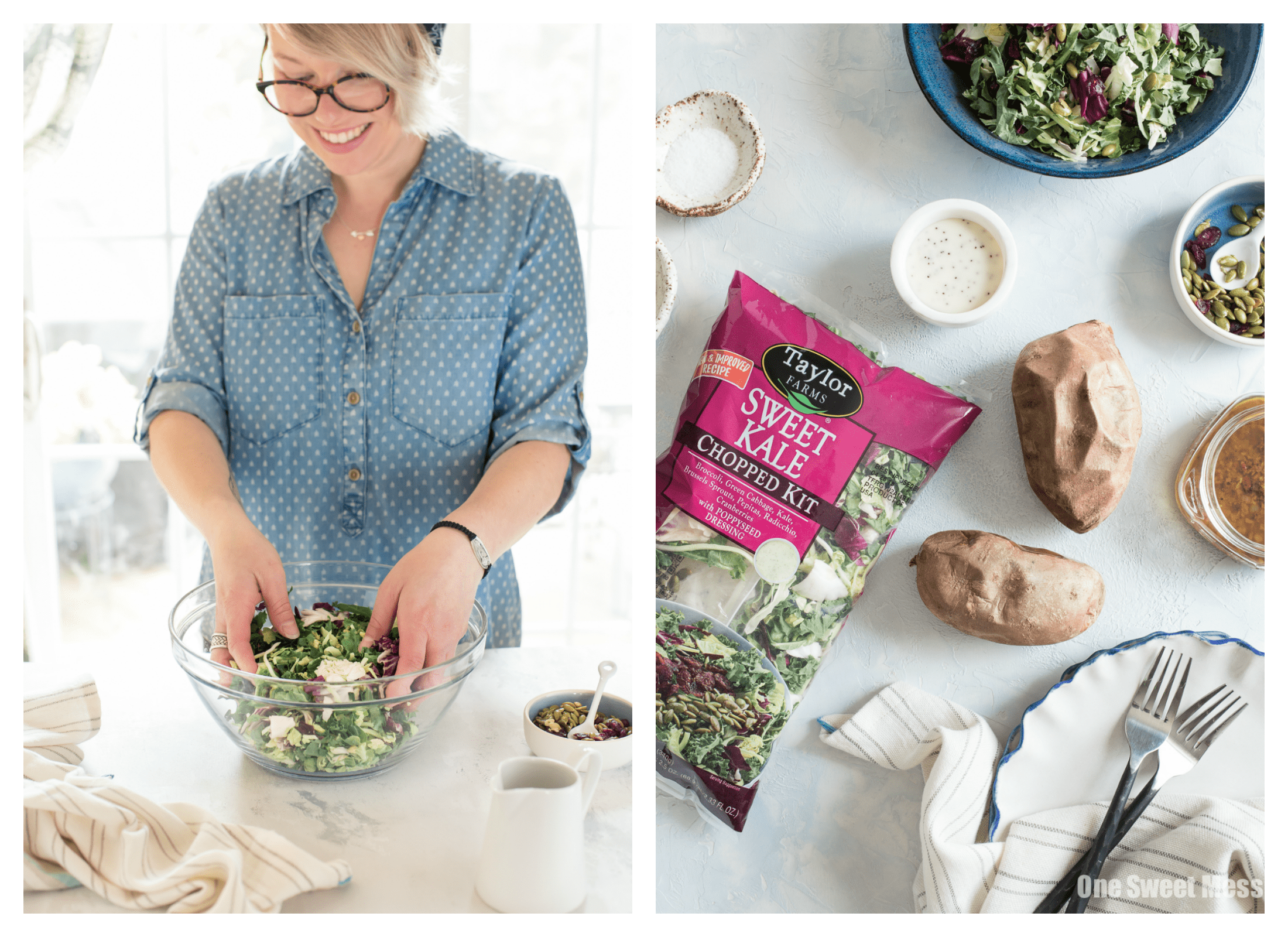 Grilled Chicken & Sweet Kale Salad Stuffed Sweet Potatoes: Loaded with grilled poppy seed dressing glazed chicken and topped with sweet kale salad tossed in warm bacon vinaigrette. Hearty, healthy and gluten-free.