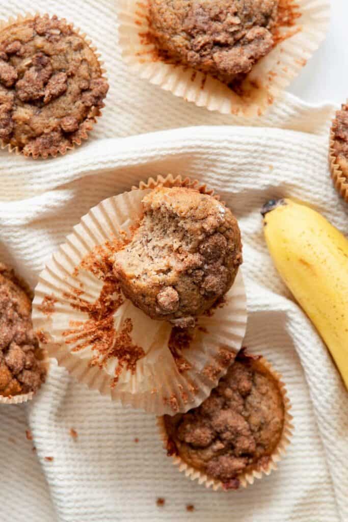 bite shot of inside of healthy banana muffins