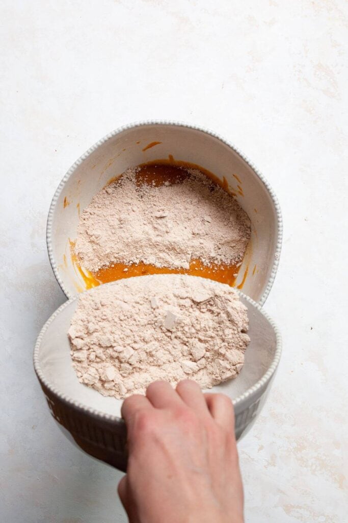 adding oat flour to the wet ingredients