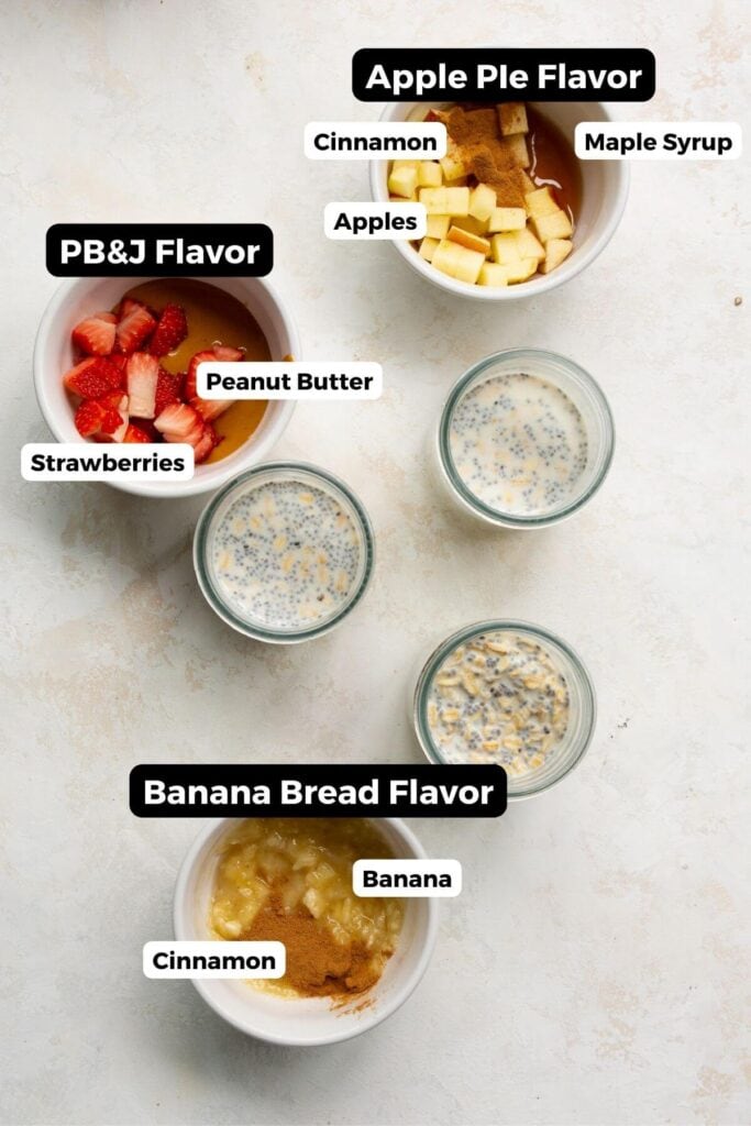 ingredients in the flavor varations of protein overnight oats: Apple Pie, Banana Bread, and PB&J