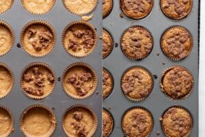 side by side unbaked and baked healthy crumb banana muffins