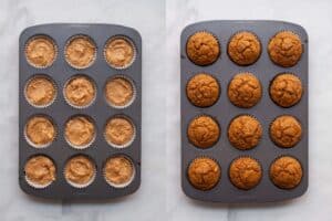 side by side of pumpkin banana muffins baked vs unbaked