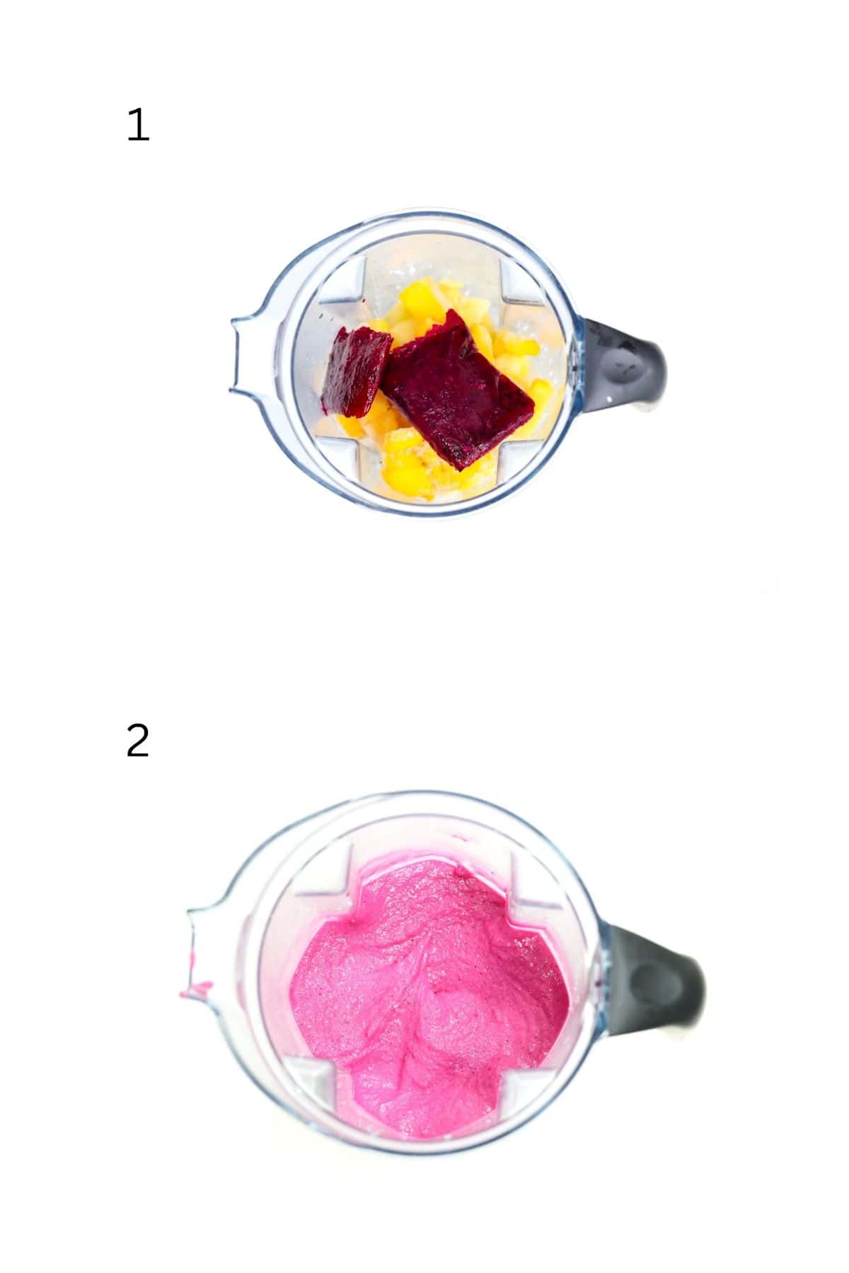 Two images showing how to make a Pitaya Bowl in a blender.