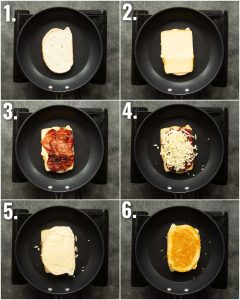 6 step by step photos showing how to make a bacon grilled cheese