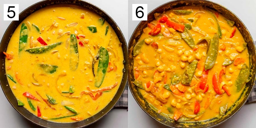 Split image, labelled five on the left showing a black fan with yellow liquid, and six on the right showing the liquid condensed and chickpeas and vegetables.
