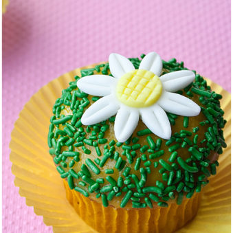Easy Fondant Daisy Cupcakes in Yellow Cupcake Liners With Pink Background
