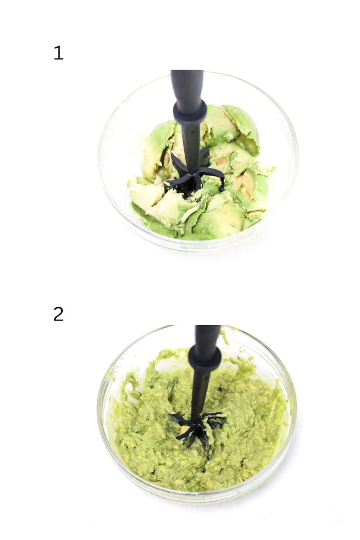 Two numbered images showing how to make guacamole using a potato masher.