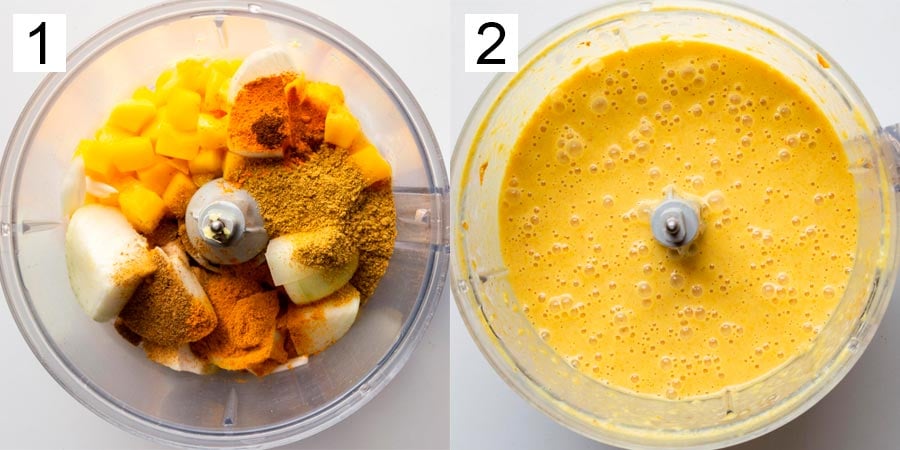 Split image with number one on the left showing a food processor bowl with cubed mango, garlic, spices, onion, and on the right number two a creamy yellow sauce in the same processor bowl.
