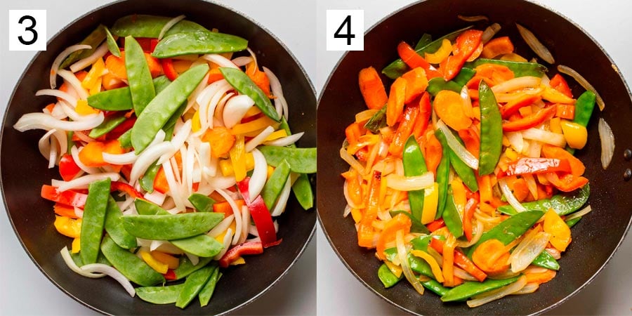 Split image, number three on the left showing raw green white and orange vegetables in a pan, and on the right number four shows them fried.