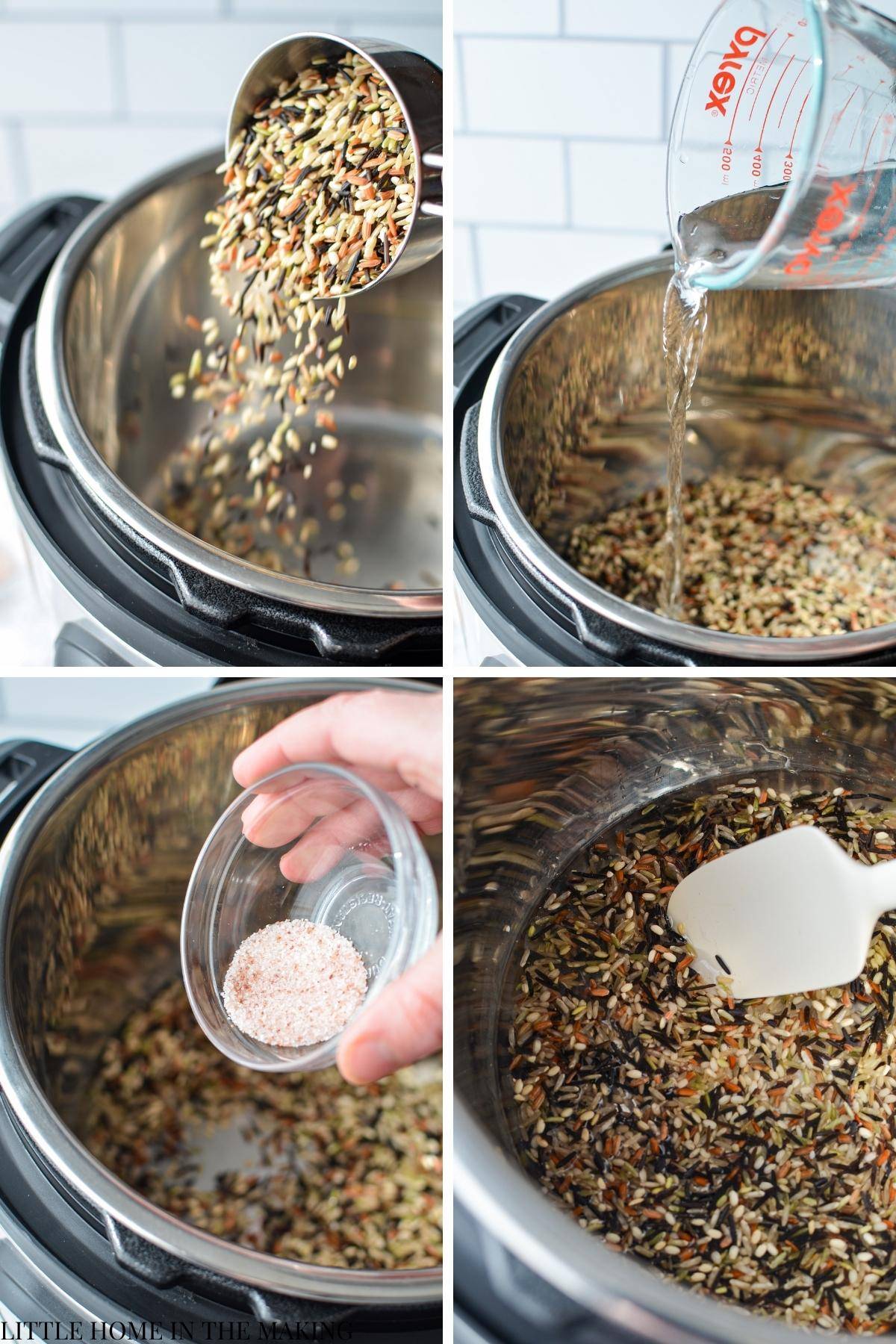 Adding rice, water, and salt to an Instant Pot and stirring everything together.