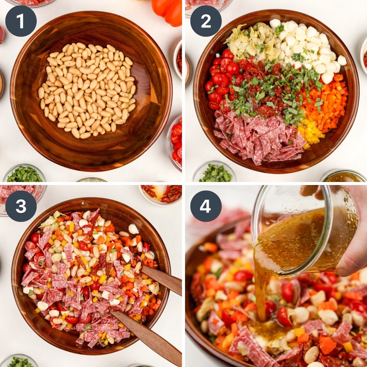 Making a salad by adding various toppings to a bowl of beans, then tossing them to combine.