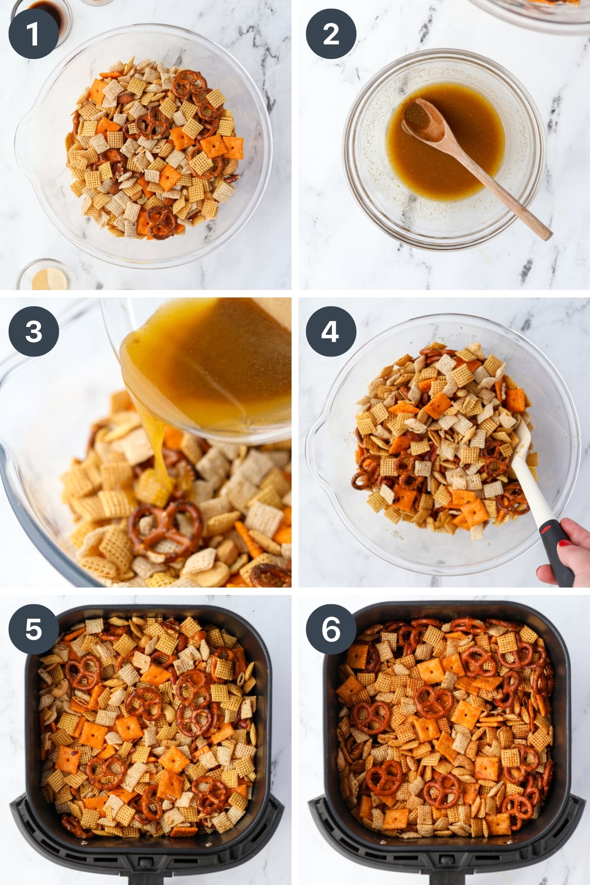 The steps needed to make air fryer chex: mixing the cereal, melting butter, and placing the mix in the air fryer basket.