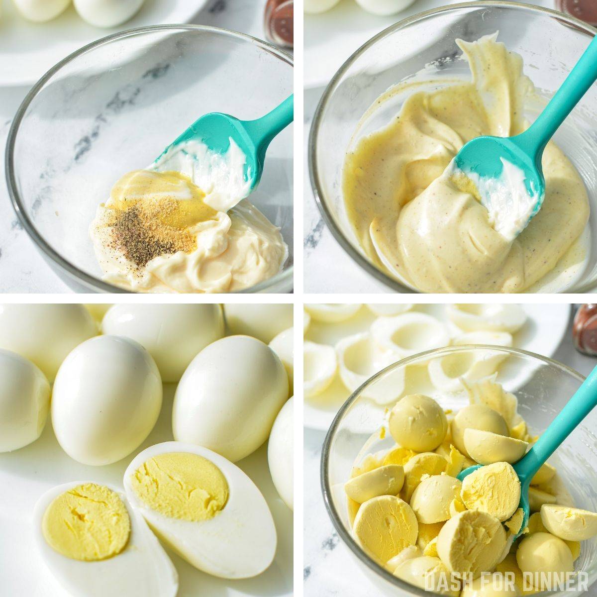 Making a filling for deviled eggs with mayonnaise, dijon and seasonings. Then adding the yolks of hard boiled eggs.