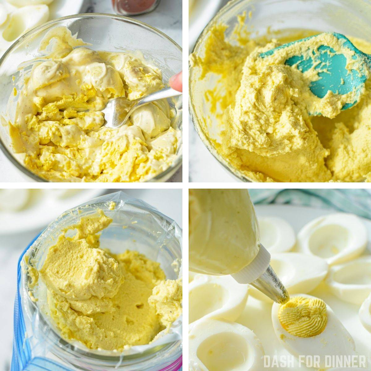Combining the filling for deviled eggs, and using a piping bag to put the filling inside of the egg white boats.