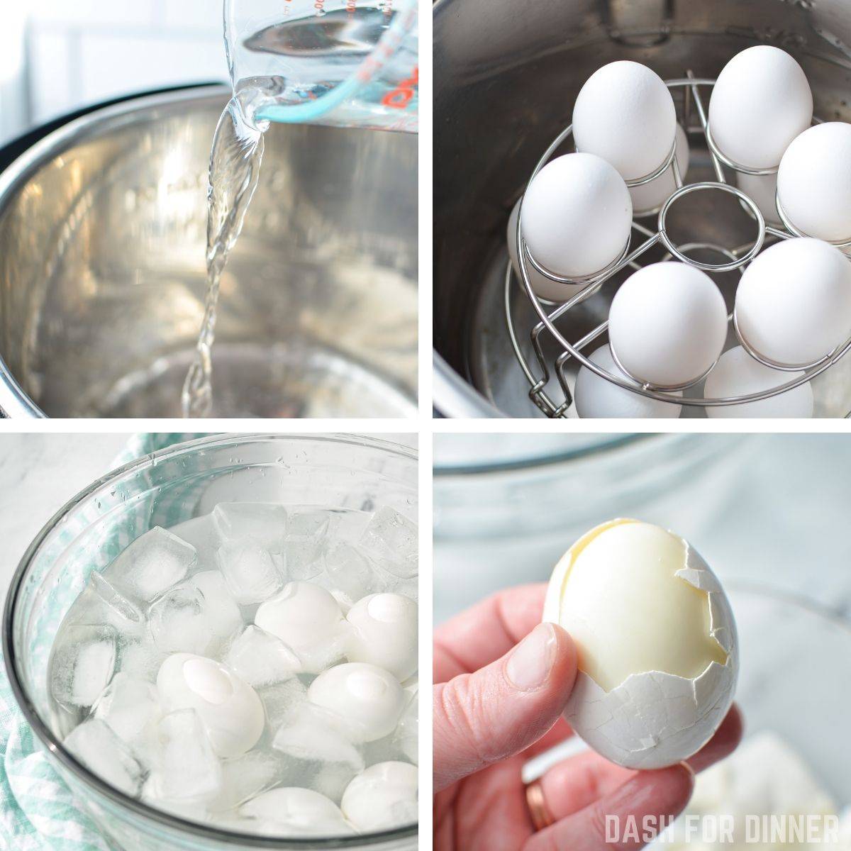 Making hard boiled in the Instant Pot, then soaking in an ice bath and finally peeling them.