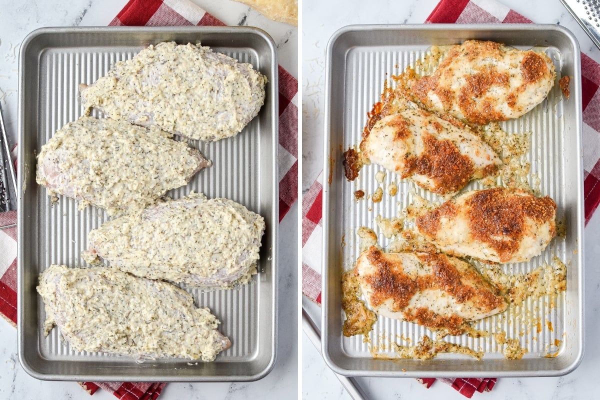 A sheet pan with chicken breasts spread with a topping, then baked until golden.