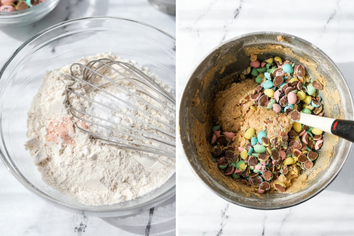 Adding crushed mini eggs to a cookie dough base.