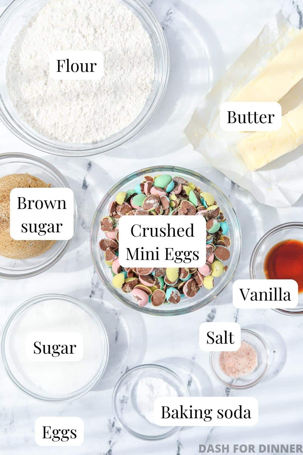 The ingredients needed to make Easter egg Cookies: Flour, butter, brown sugar, etc.