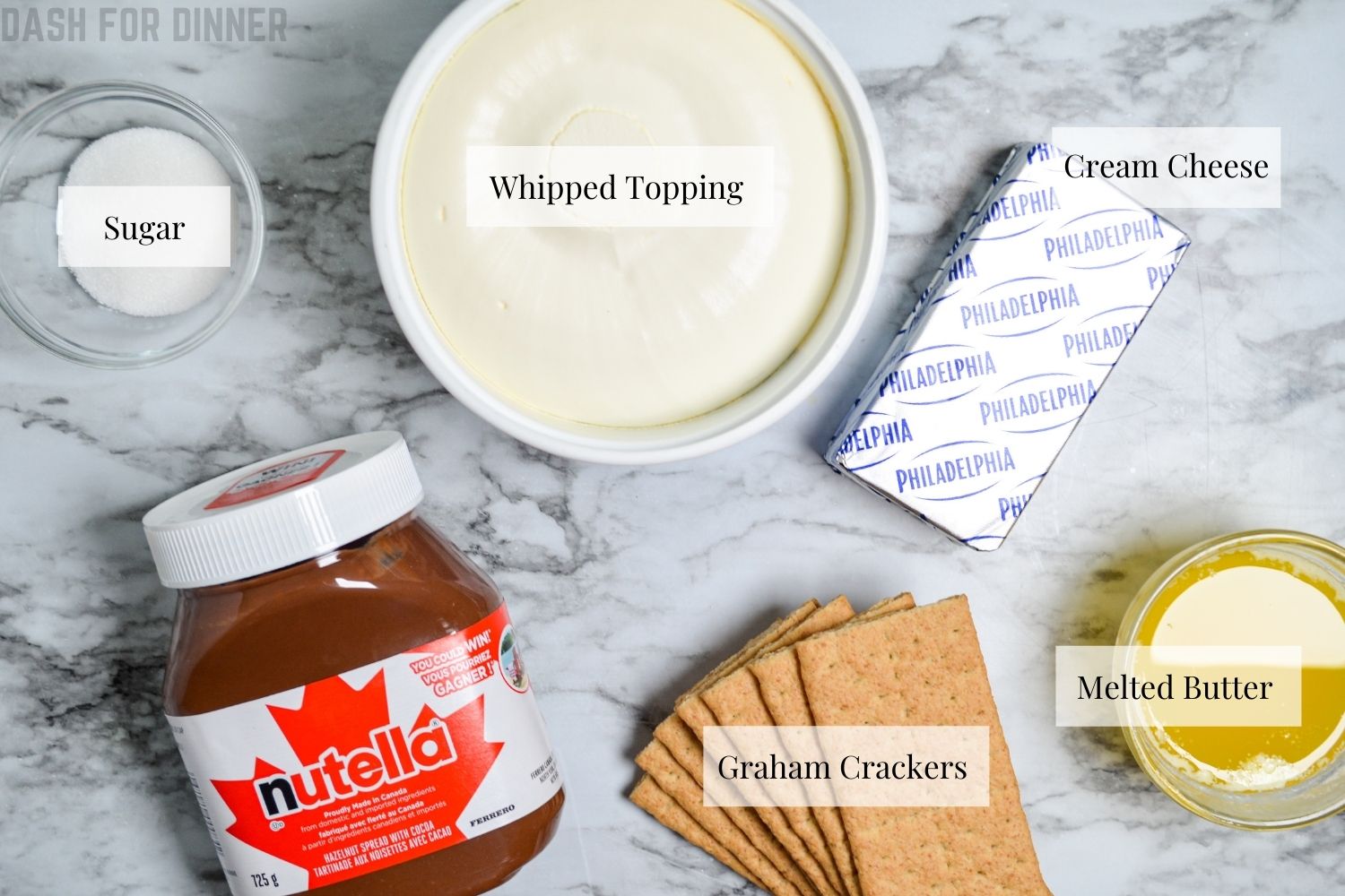 The Ingredients needed to make no bake nutella pie.