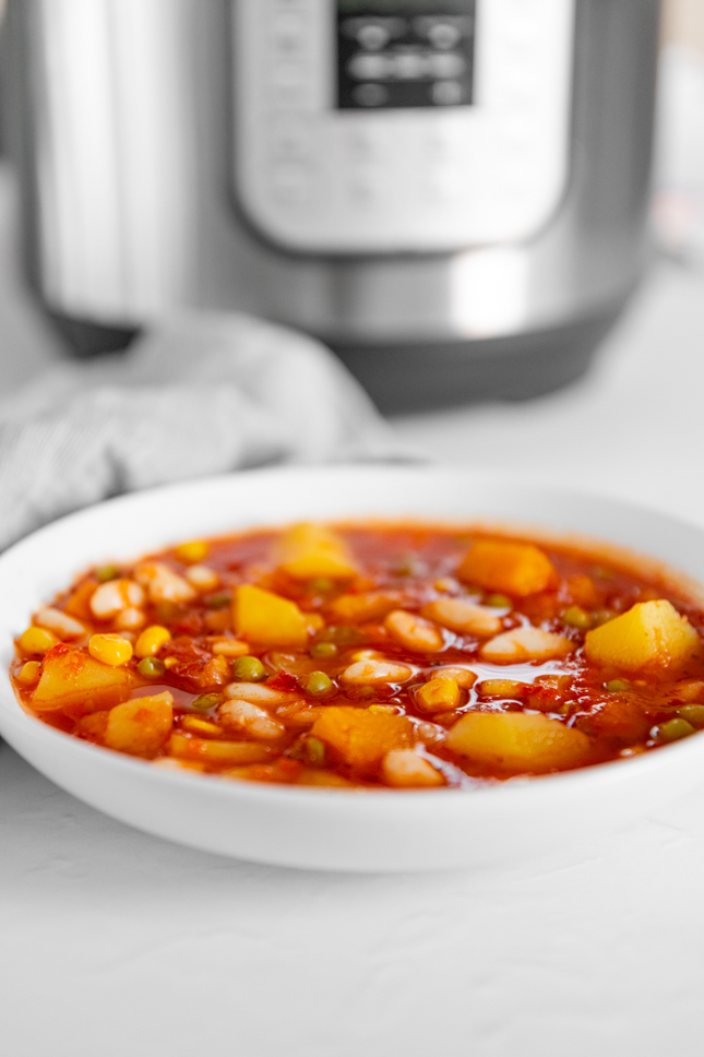 Side photo of a bowl of Instant Pot vegetable soup