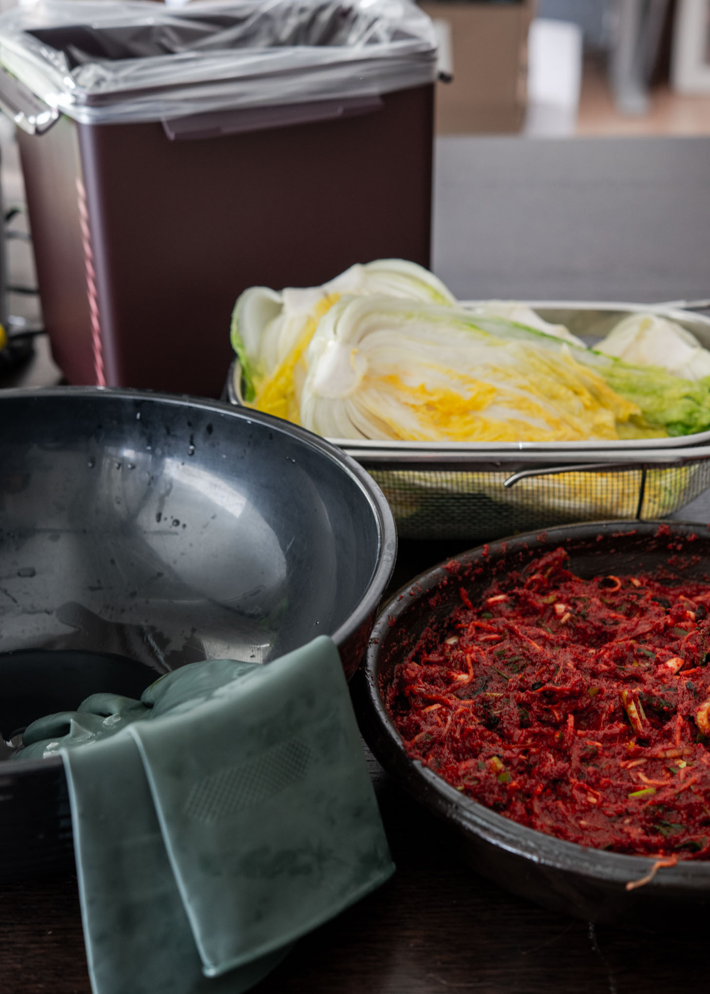 Kimchi seasoning paste and other items for making kimjang kimchi.