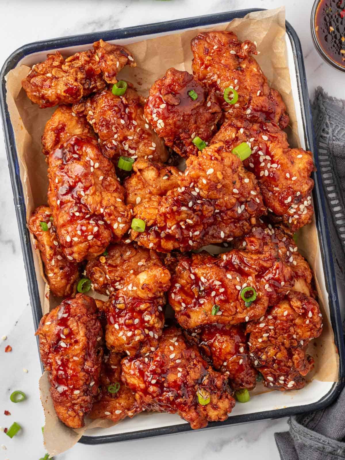 Crispy Korean fried chicken with gochujang glaze