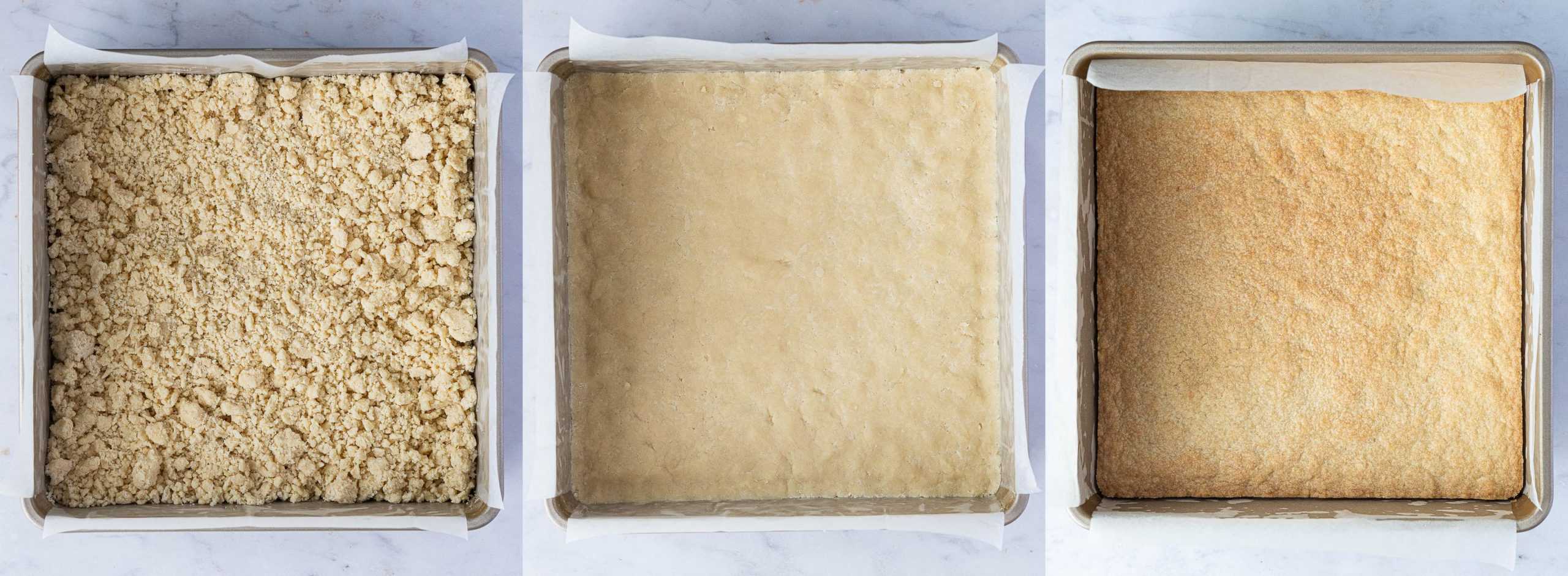 Step 2, a three image collage of pressing the dough into the tin and baking the shortbread.