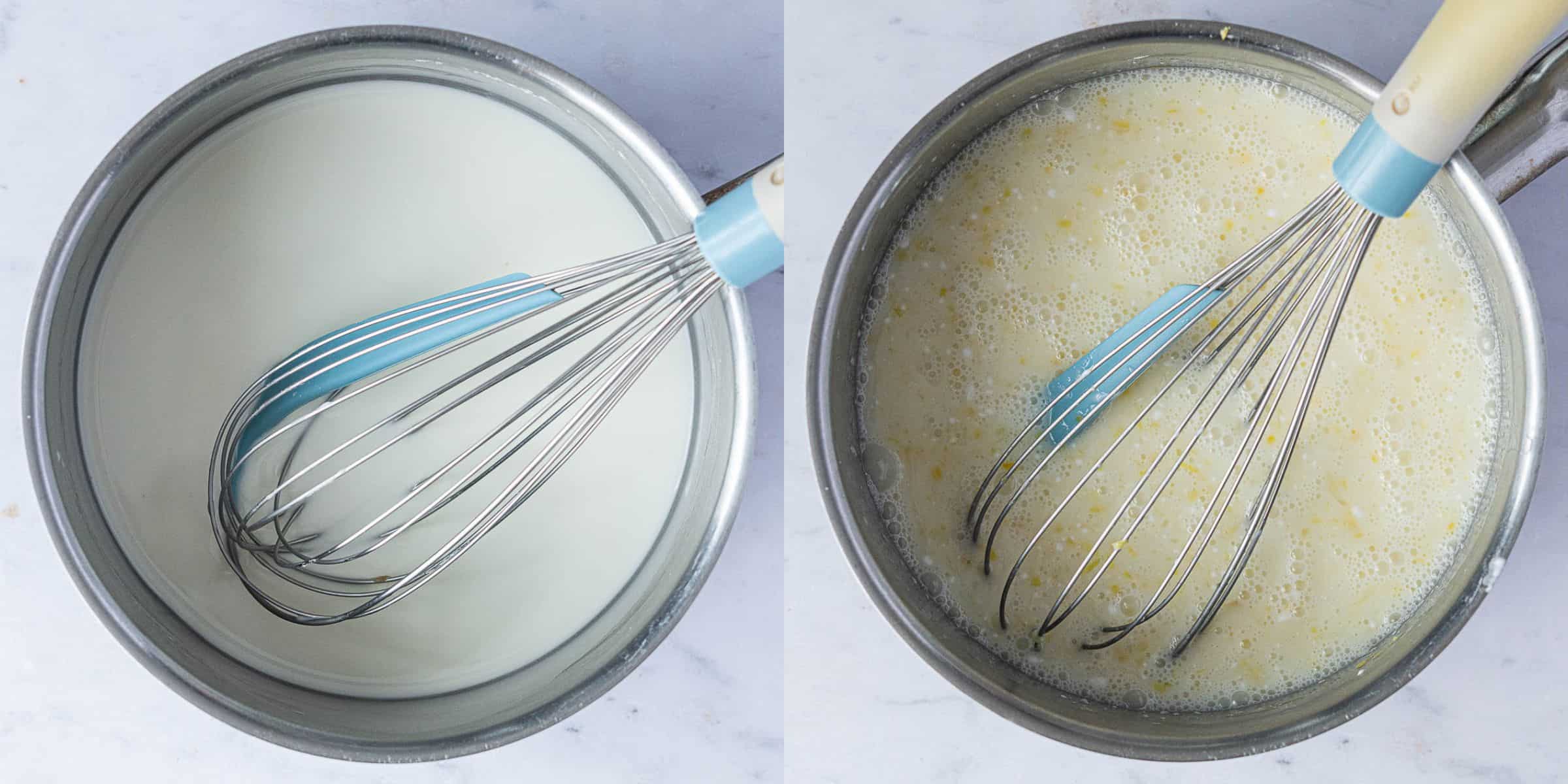 Step 3, a two image collage of mixing the cornflour and water and adding the rest of the ingredients.