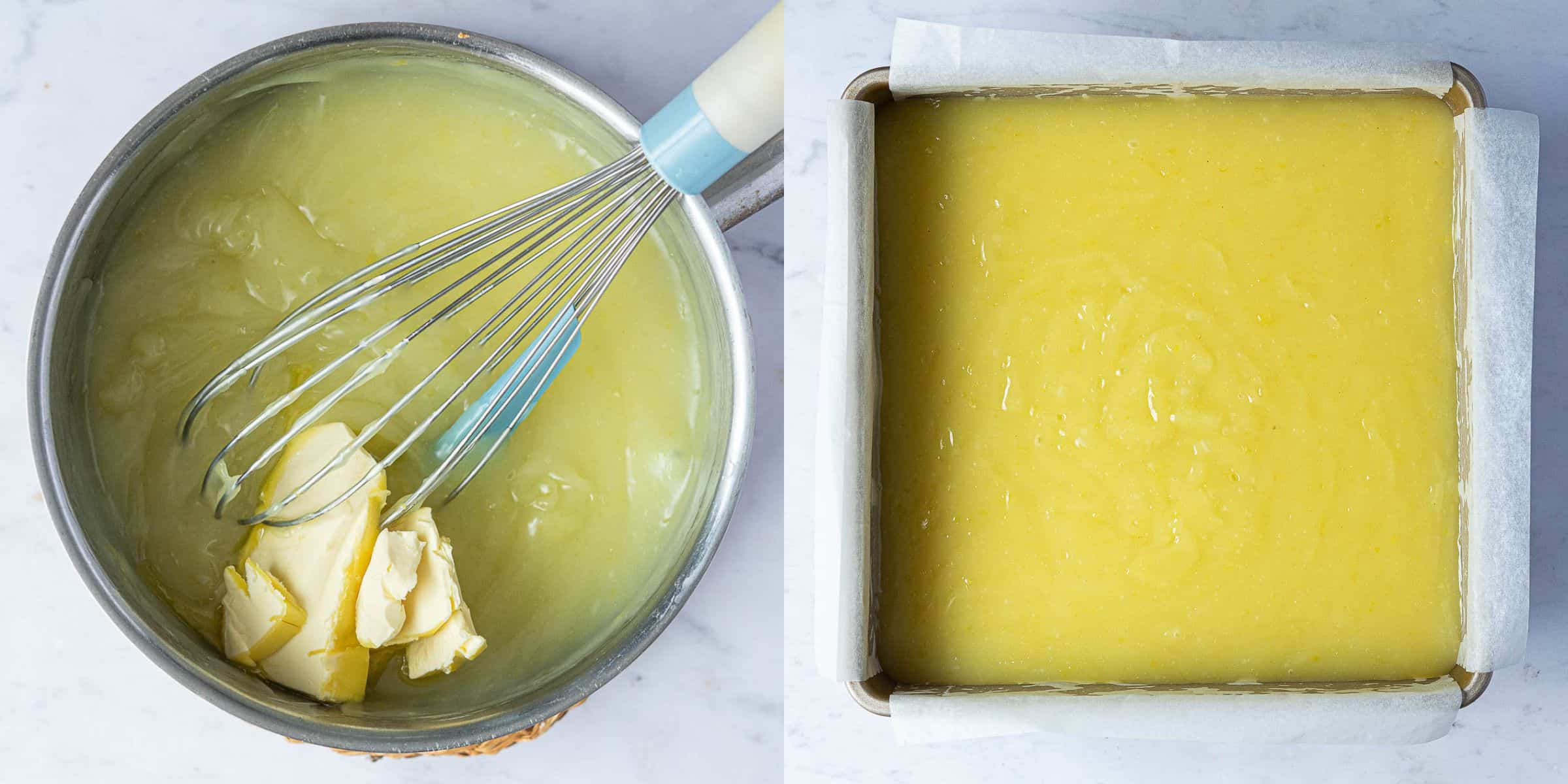 Step 4, a two image collage of adding the butter to the curd and pouring it over the shortbread.