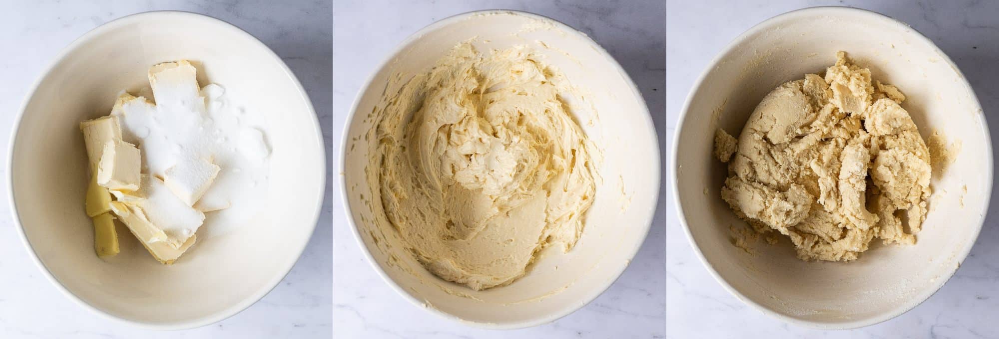 Step 1, a three image collage of making the shortbread dough.