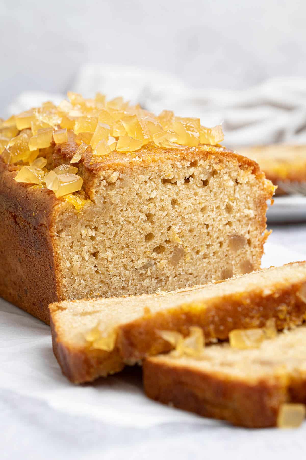 Close up of the sliced lemon and ginger drizzle cake.
