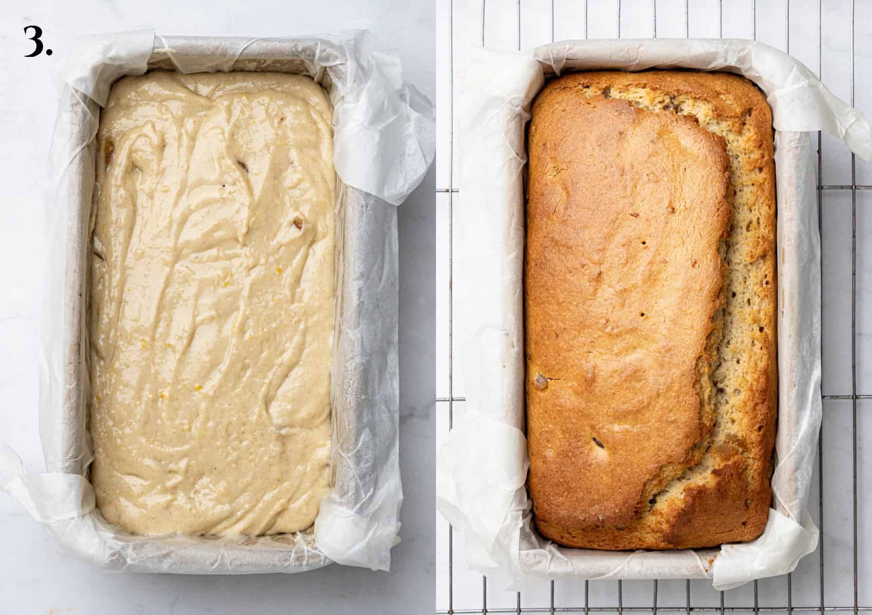 Step 3, a two image collage of the cake before and after baking.