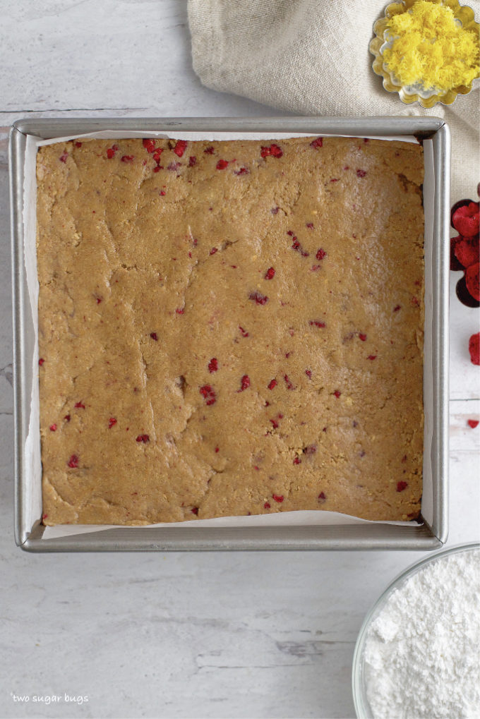 lemon raspberry layer in a baking pan
