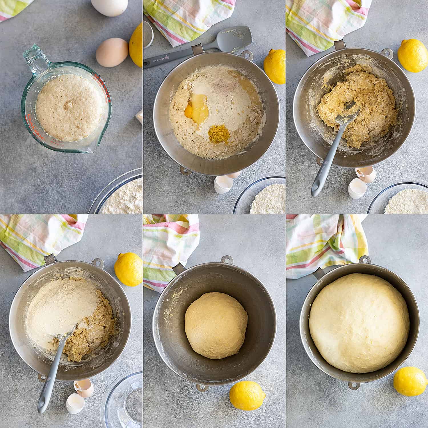 Six pictures showing how to mix up the dough.