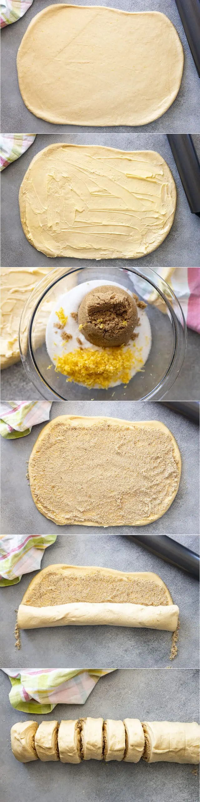 Six pictures showing how to fill, roll, and cut the rolls.