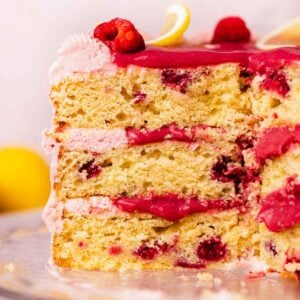 closeup of lemon raspberry cake layers