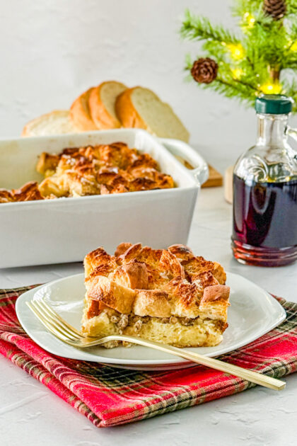 French Toast Bake made with maple sausage, brown sugar, and maple syrup