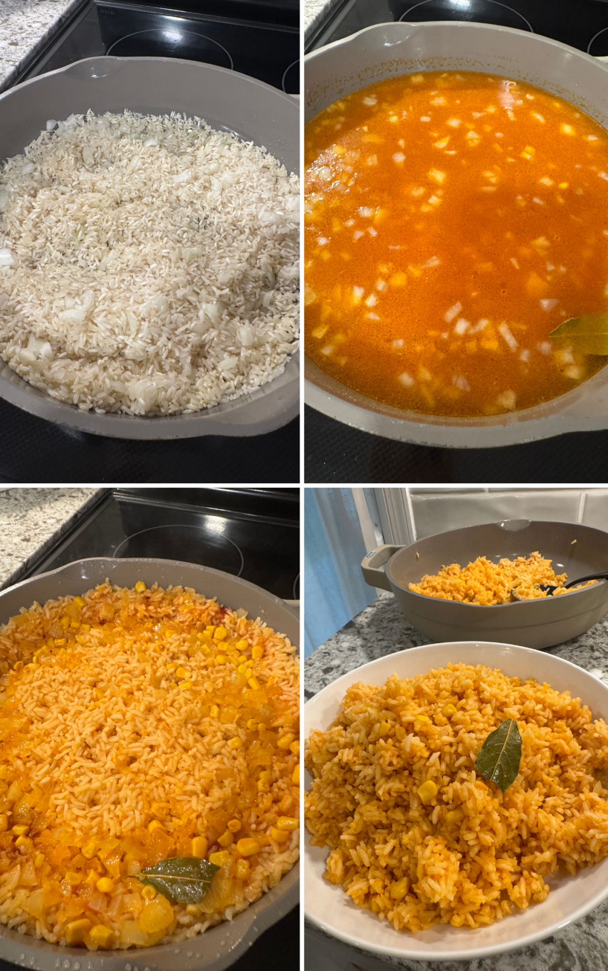 Four photo collage showing how to make rice. 