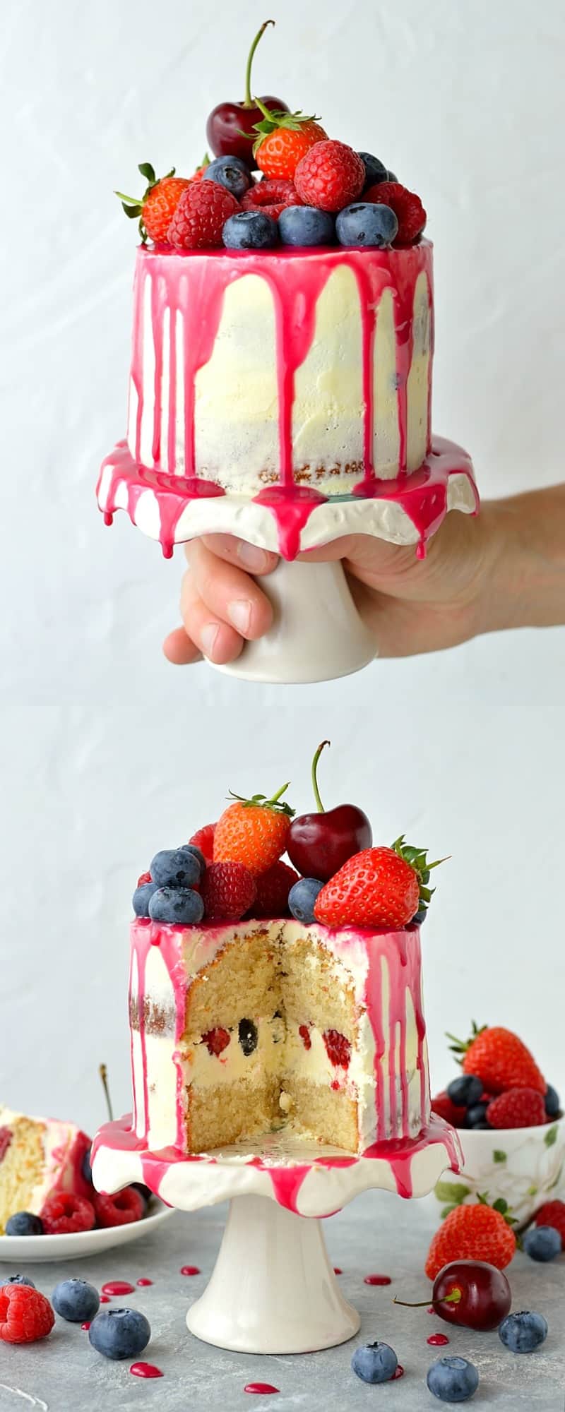 Mini white chocolate berry drip cake - delicious, moist vanilla cake with whipped white chocolate gananche, pink white chocolate drip and fresh berries; serves just 2-4 people!