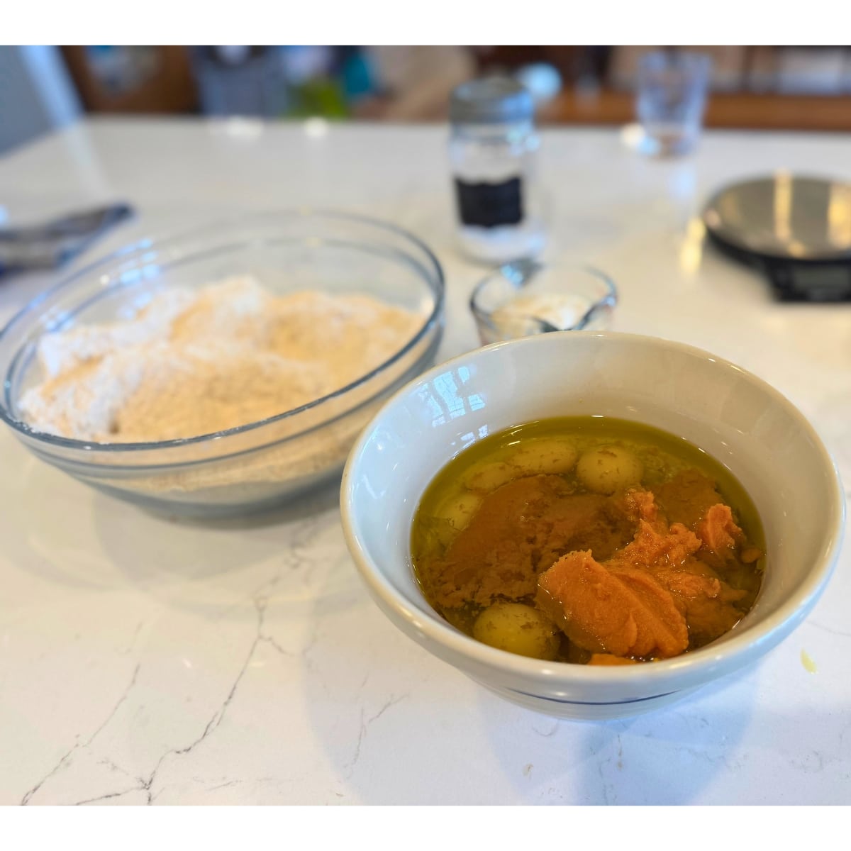 mixing wet and dry ingredients in separate bowls