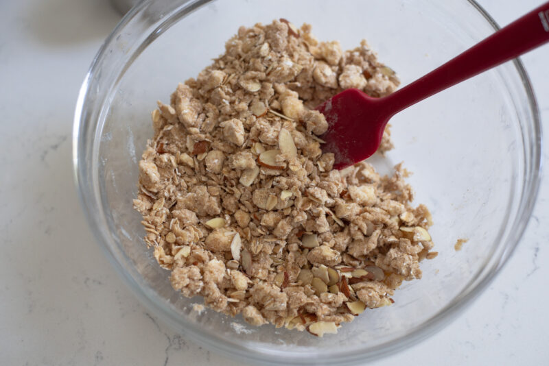 Almond slices are added to the oat crisp topping.